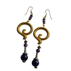 VTG BOHO Swirl Brass Earrings glass Chunky Pierced Modernist 1980s dangle 4.75"